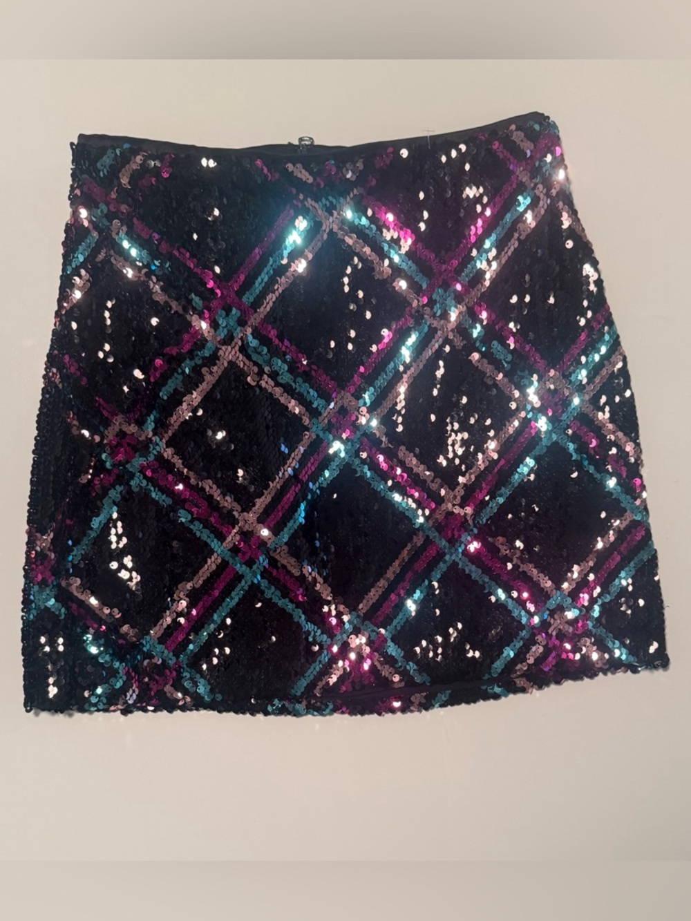 Sequin Diamond-Pattern Black Mini Skirt in Pink and Teal Accents - Picture 2 of 4